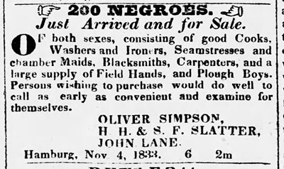 Slatters1 1833 advertisement by the Slatters to attract Georgia salve buyers to their establishment in Hamburg, South Carolina.
